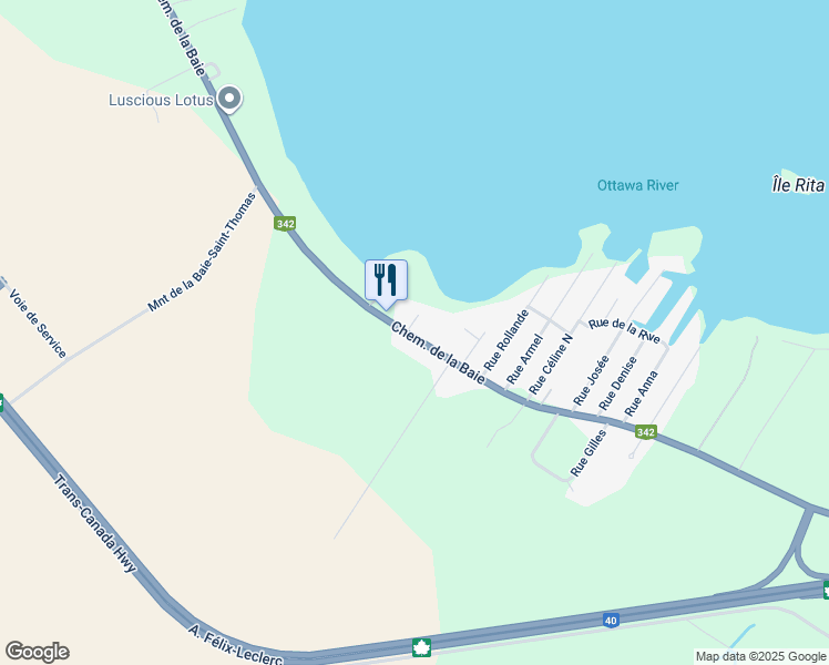 map of restaurants, bars, coffee shops, grocery stores, and more near 786 Chemin de la Baie in Rigaud