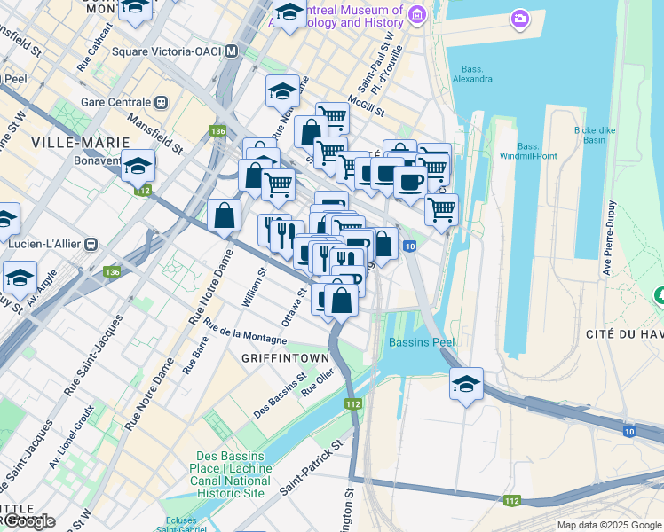 map of restaurants, bars, coffee shops, grocery stores, and more near 1000 Rue Ottawa in Montréal