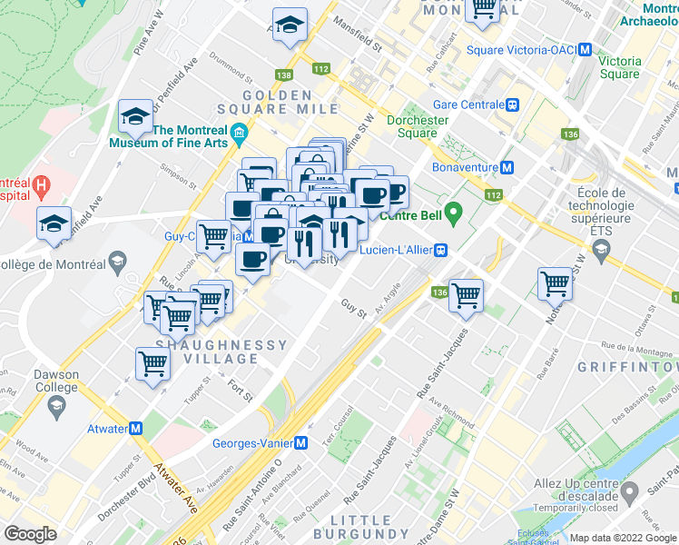 map of restaurants, bars, coffee shops, grocery stores, and more near 1471 Boulevard René-Lévesque Ouest in Montréal