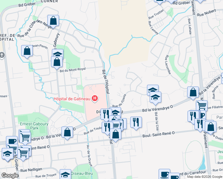 map of restaurants, bars, coffee shops, grocery stores, and more near 540 Boulevard de l'Hôpital in Gatineau