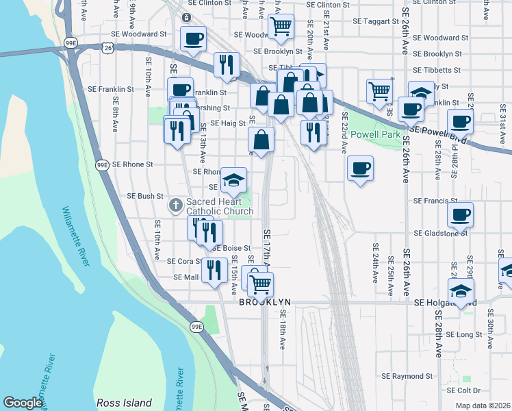 map of restaurants, bars, coffee shops, grocery stores, and more near 3904 Southeast 16th Avenue in Portland