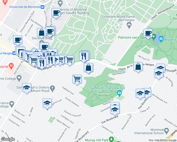 map of restaurants, bars, coffee shops, grocery stores, and more near 3295 Ridgewood Avenue in Montrã©Al
