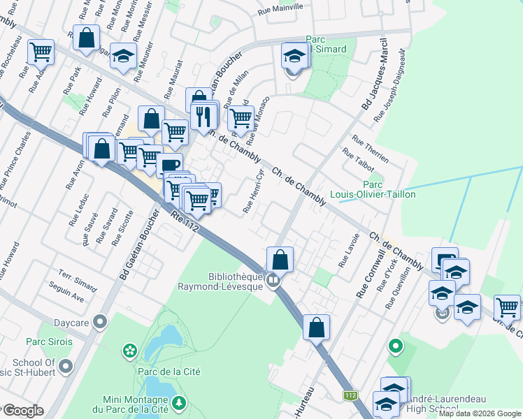 map of restaurants, bars, coffee shops, grocery stores, and more near 2390 Rue Henriette-Céré in Longueuil