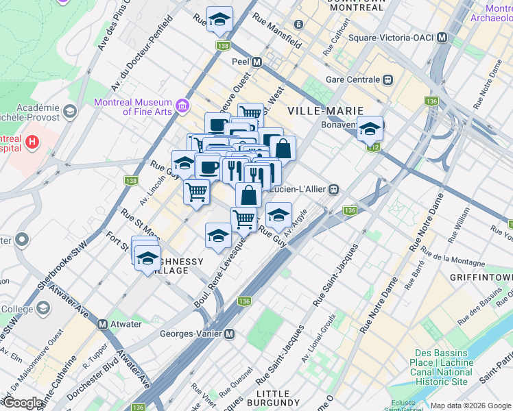 map of restaurants, bars, coffee shops, grocery stores, and more near 1160 Rue Mackay in Montréal