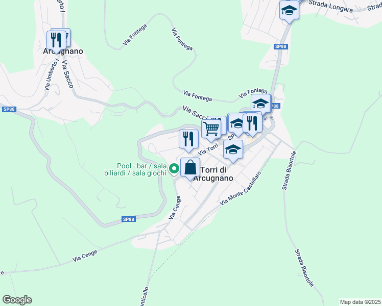 map of restaurants, bars, coffee shops, grocery stores, and more near 24 Via dell'Artigianato in Torri di Arcugnano