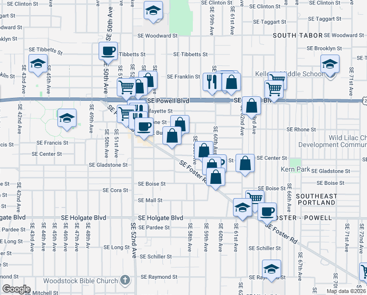 map of restaurants, bars, coffee shops, grocery stores, and more near 5711 Southeast Francis Street in Portland