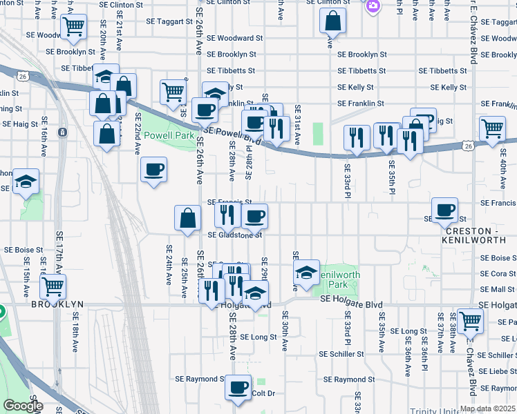 map of restaurants, bars, coffee shops, grocery stores, and more near 2907 Southeast Francis Street in Portland