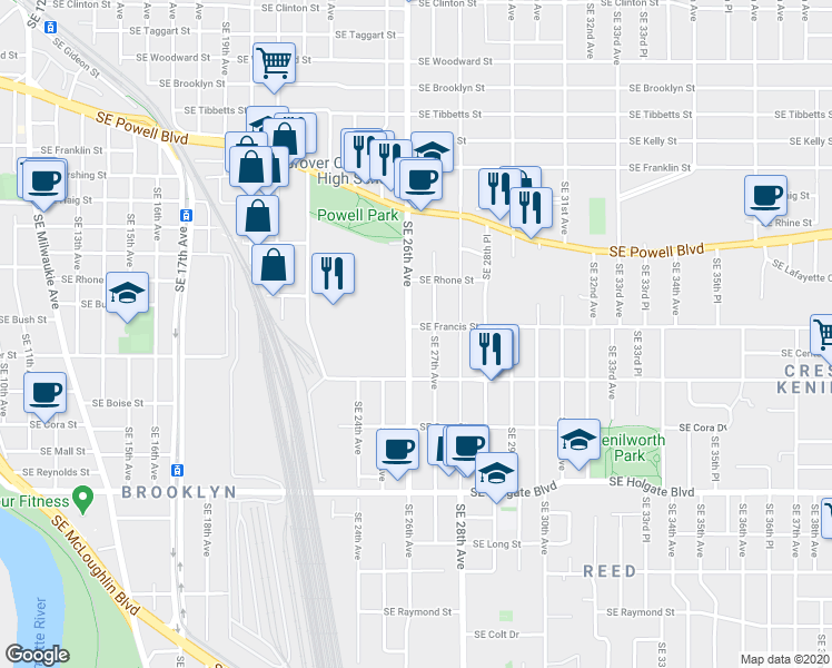 map of restaurants, bars, coffee shops, grocery stores, and more near 3841 Southeast 26th Avenue in Portland