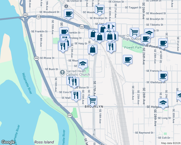 map of restaurants, bars, coffee shops, grocery stores, and more near 3822 Southeast 16th Avenue in Portland