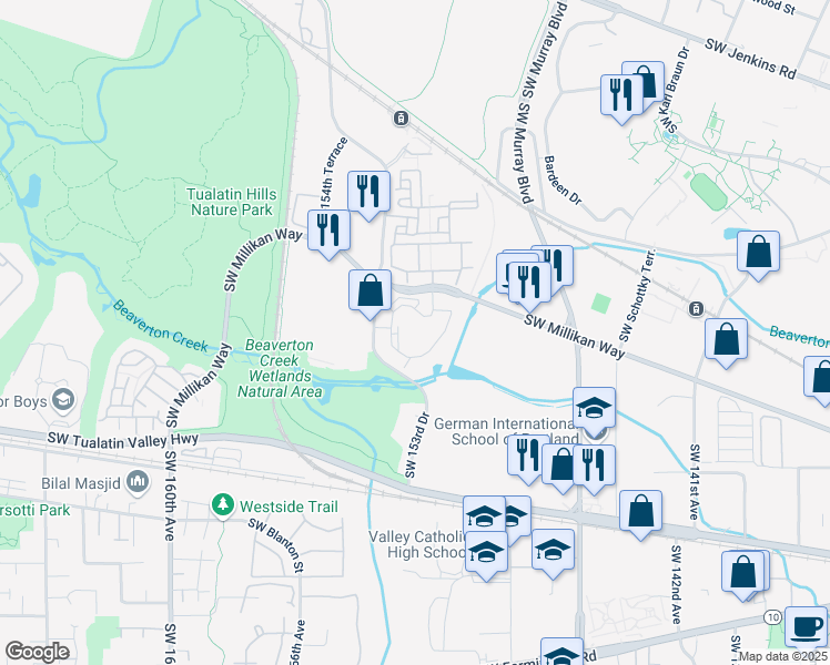 map of restaurants, bars, coffee shops, grocery stores, and more near 15290 Southwest Millikan Way in Beaverton