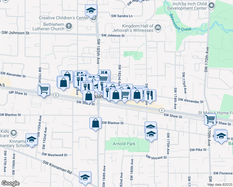 map of restaurants, bars, coffee shops, grocery stores, and more near 18265 Southwest Alexander Street in Beaverton