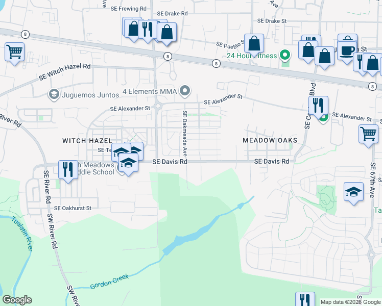 map of restaurants, bars, coffee shops, grocery stores, and more near 5219 Southeast Thornapple Street in Hillsboro