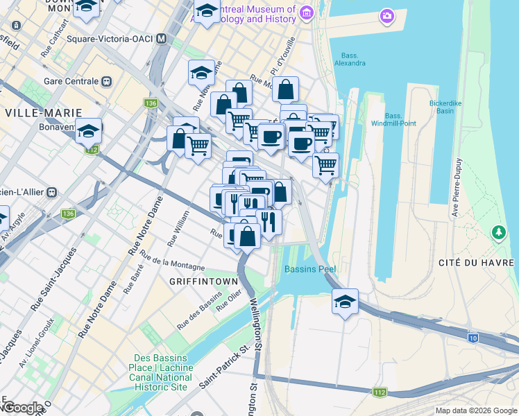 map of restaurants, bars, coffee shops, grocery stores, and more near 100 Rue Ann in Montréal