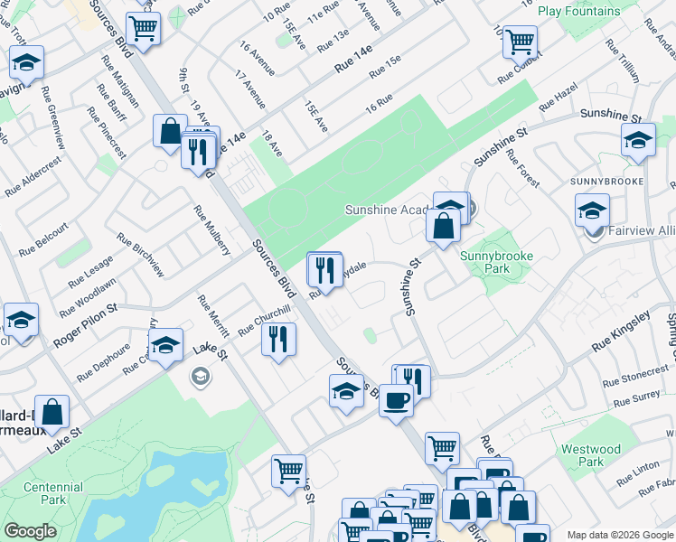 map of restaurants, bars, coffee shops, grocery stores, and more near 22 Rue Sunnydale in Dollard-des-Ormeaux