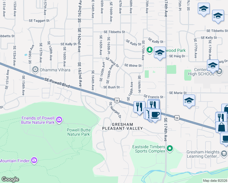 map of restaurants, bars, coffee shops, grocery stores, and more near 3825 Southeast 166th Court in Portland