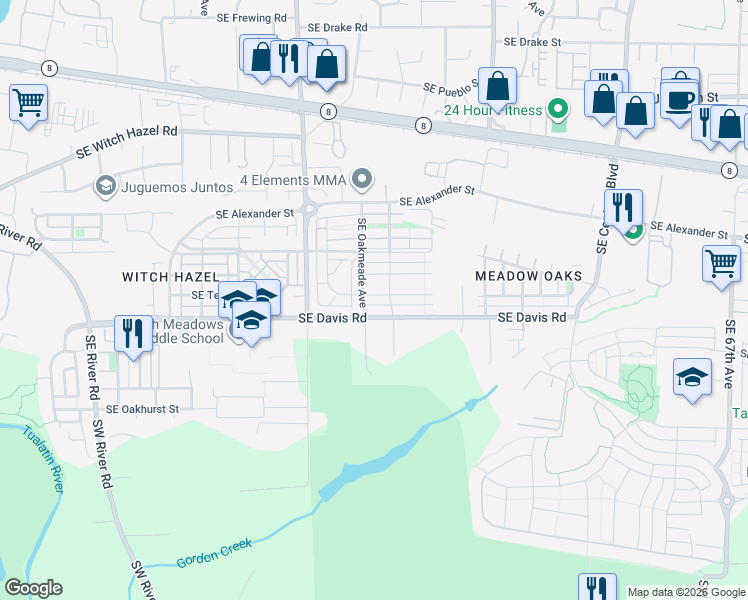 map of restaurants, bars, coffee shops, grocery stores, and more near 5219 Southeast Thornapple Street in Hillsboro