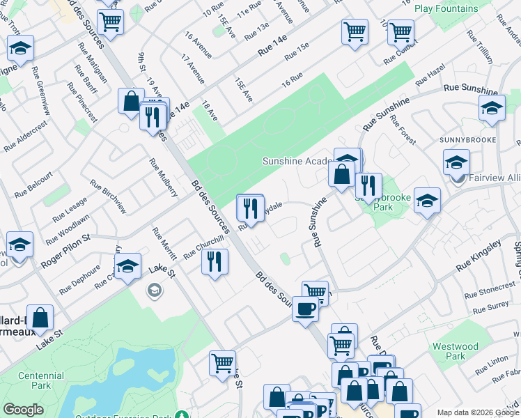 map of restaurants, bars, coffee shops, grocery stores, and more near 22 Rue Sunnydale in Dollard-des-Ormeaux