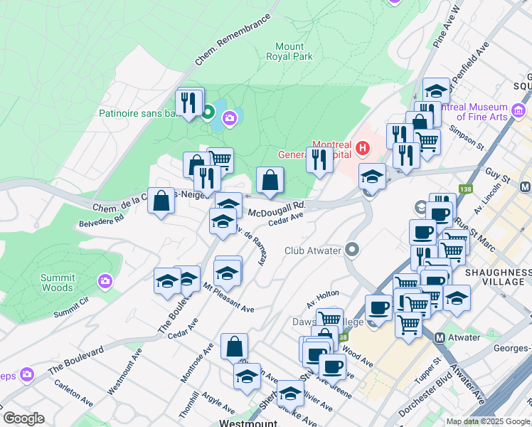 map of restaurants, bars, coffee shops, grocery stores, and more near Chemin McDougall in Montréal