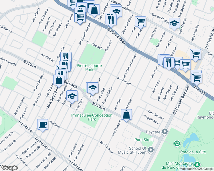 map of restaurants, bars, coffee shops, grocery stores, and more near 3395 Rue Latour in Longueuil