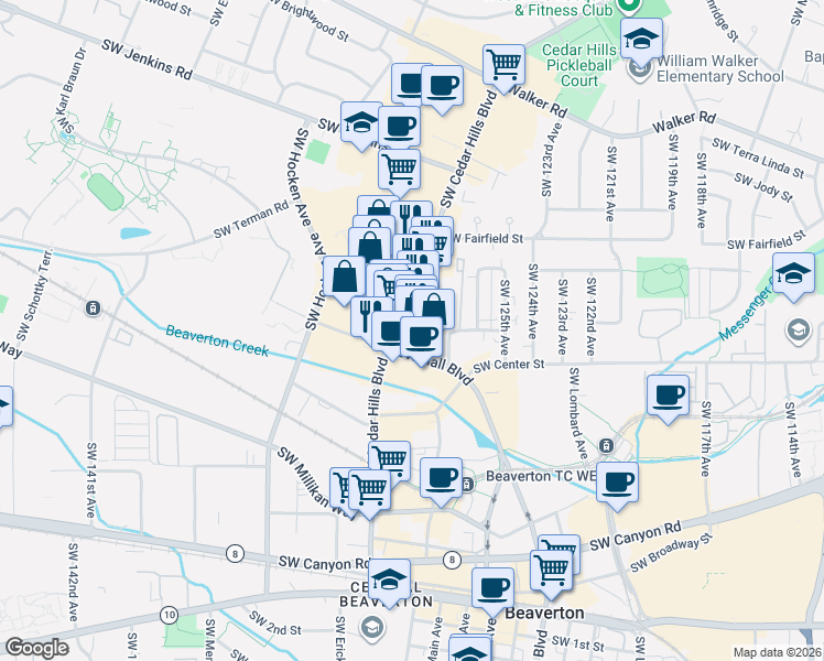 map of restaurants, bars, coffee shops, grocery stores, and more near 3486 Southwest Cedar Hills Boulevard in Beaverton
