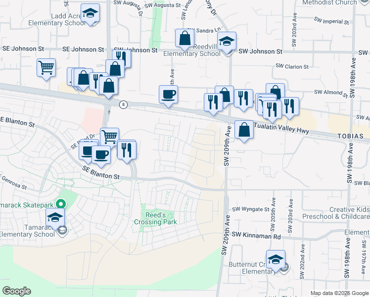 map of restaurants, bars, coffee shops, grocery stores, and more near 3436 Southeast Cape Lane in Hillsboro
