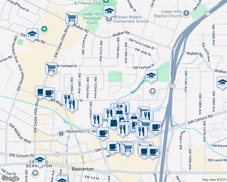 map of restaurants, bars, coffee shops, grocery stores, and more near 11981 Southwest Center Street in Beaverton