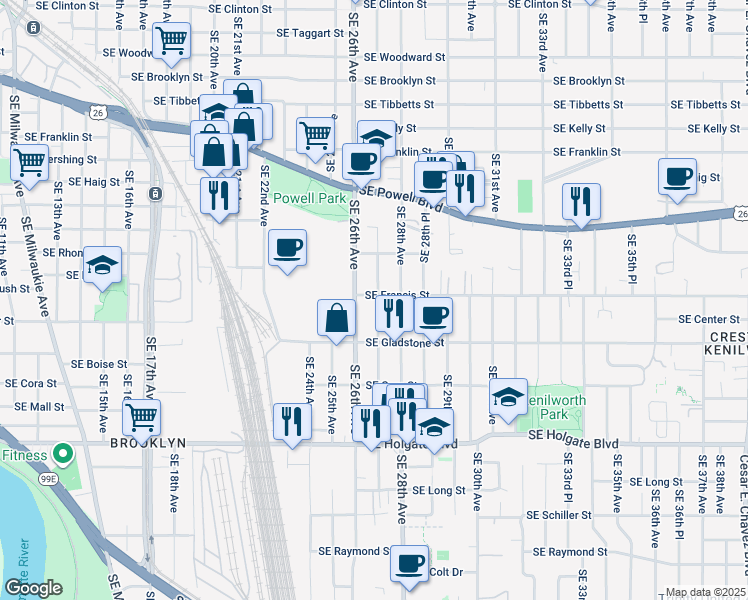map of restaurants, bars, coffee shops, grocery stores, and more near 3834 Southeast 27th Avenue in Portland