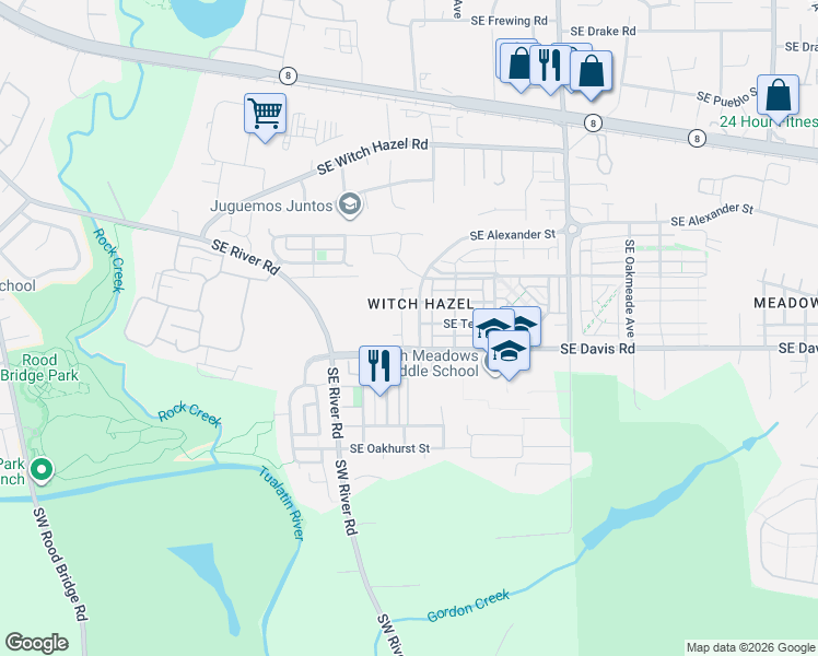 map of restaurants, bars, coffee shops, grocery stores, and more near 3518 Southeast Pinewood Avenue in Hillsboro