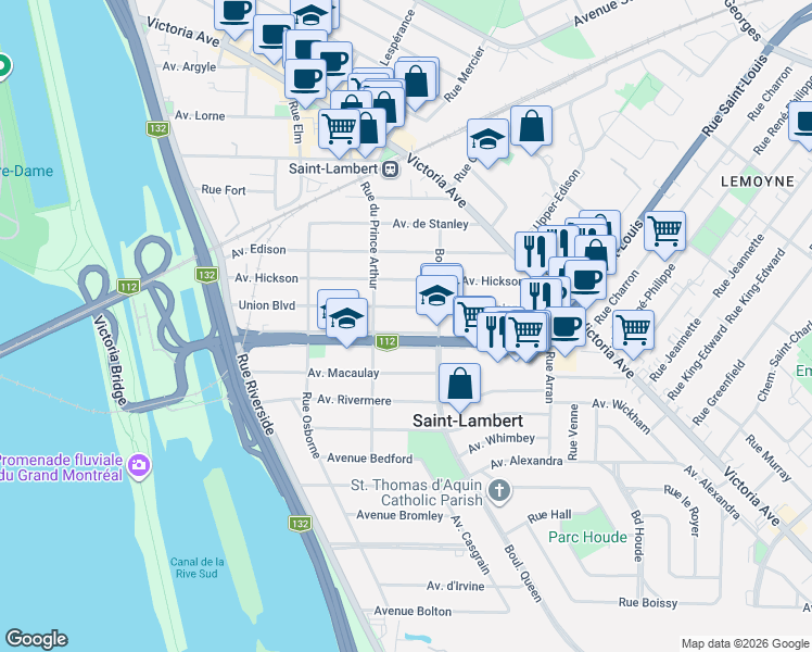 map of restaurants, bars, coffee shops, grocery stores, and more near 240 Avenue Bétournay in Saint-Lambert