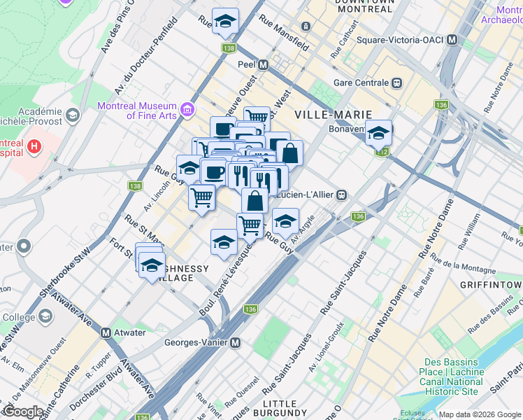 map of restaurants, bars, coffee shops, grocery stores, and more near 1190 Rue Mackay in Montréal