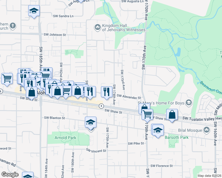 map of restaurants, bars, coffee shops, grocery stores, and more near 17464 Southwest Cricket Court in Beaverton