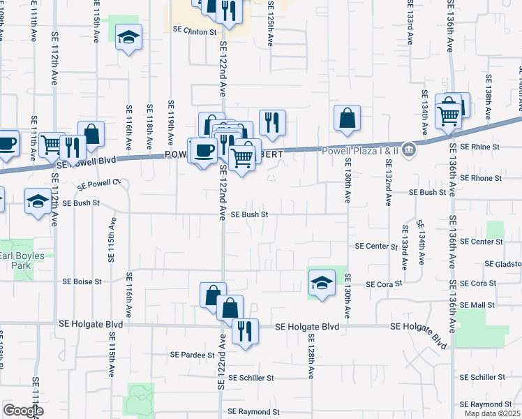 map of restaurants, bars, coffee shops, grocery stores, and more near 12427 Southeast Bush Street in Portland