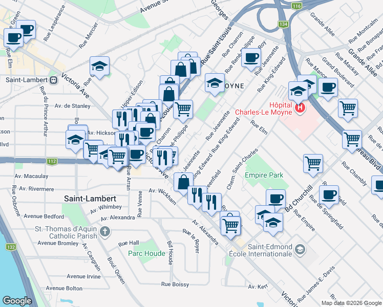 map of restaurants, bars, coffee shops, grocery stores, and more near 55 Rue Jeannette in Longueuil