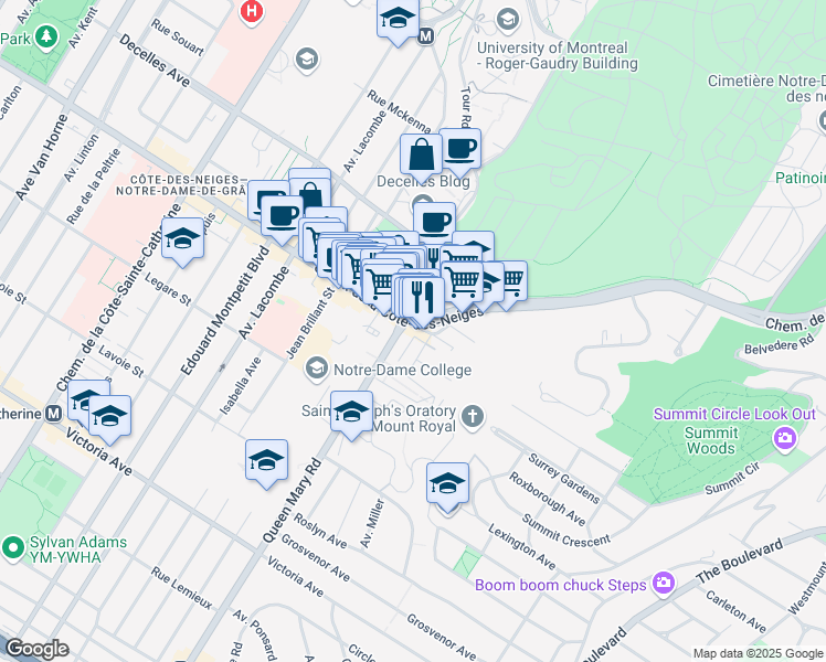 map of restaurants, bars, coffee shops, grocery stores, and more near 5056 Chemin de la Côte-des-Neiges in Montréal