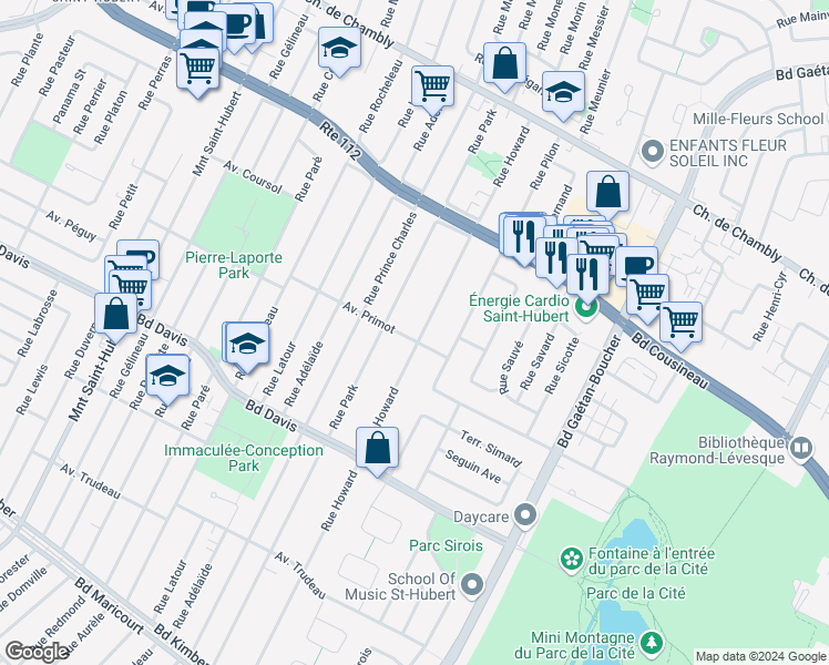 map of restaurants, bars, coffee shops, grocery stores, and more near 5710 Avenue Primot in Longueuil