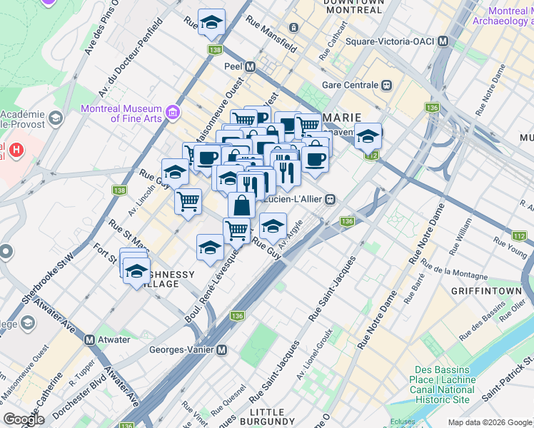 map of restaurants, bars, coffee shops, grocery stores, and more near 1450 Boulevard René-Lévesque Ouest in Montréal