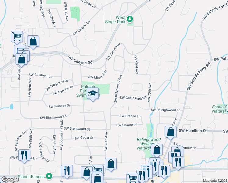 map of restaurants, bars, coffee shops, grocery stores, and more near 3475 Southwest Ridgewood Avenue in Portland