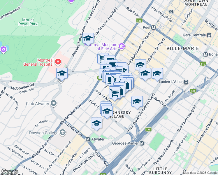 map of restaurants, bars, coffee shops, grocery stores, and more near 2080 Rue Saint Mathieu in Montréal