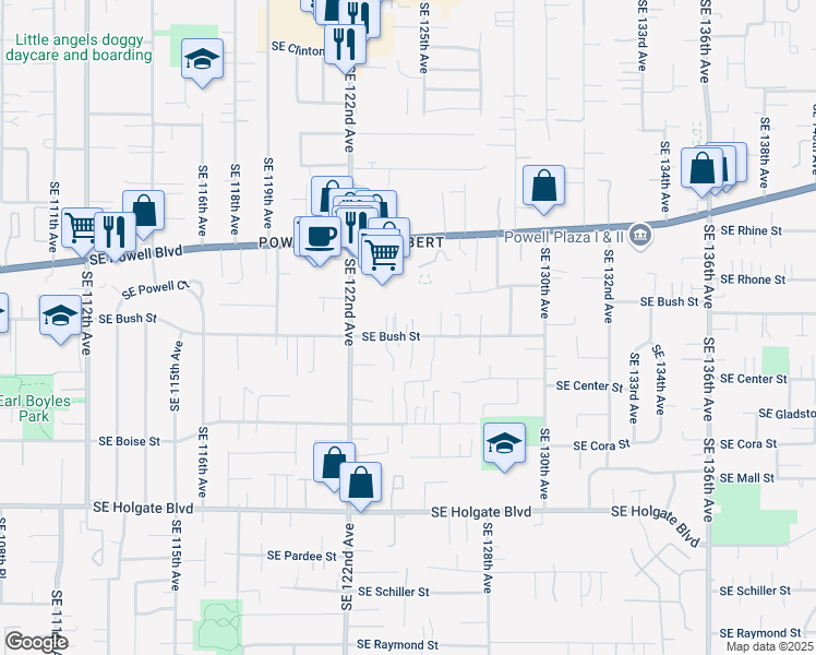 map of restaurants, bars, coffee shops, grocery stores, and more near 12427 Southeast Bush Street in Portland