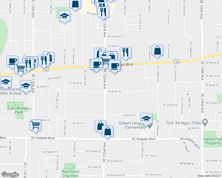 map of restaurants, bars, coffee shops, grocery stores, and more near 12309 Southeast Bush Street in Portland