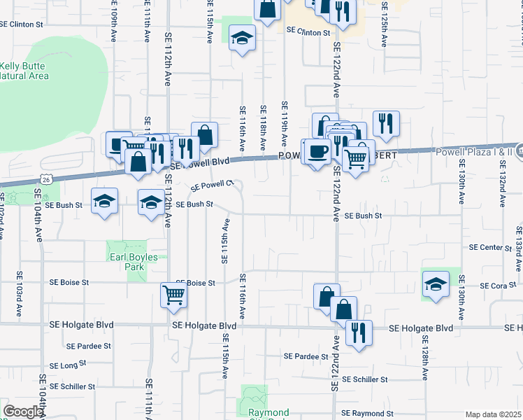 map of restaurants, bars, coffee shops, grocery stores, and more near 11712 Southeast Rhone Street in Portland