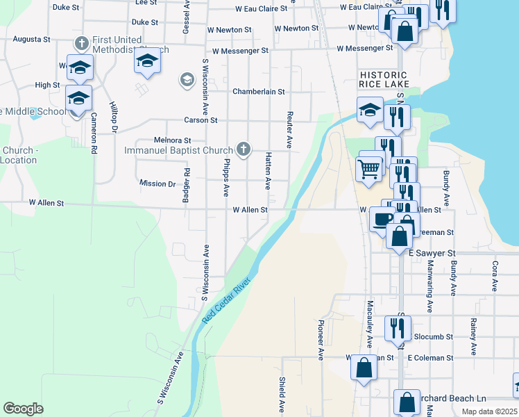 map of restaurants, bars, coffee shops, grocery stores, and more near 403 West Allen Street in Rice Lake