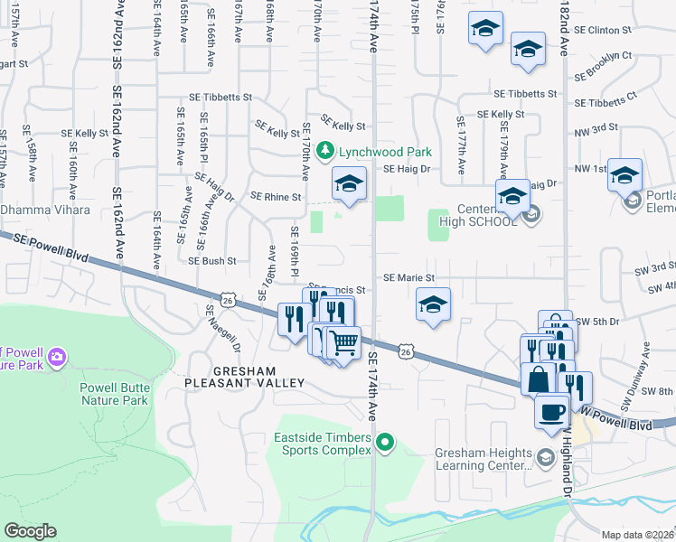 map of restaurants, bars, coffee shops, grocery stores, and more near 17118 Southeast Bush Street in Portland