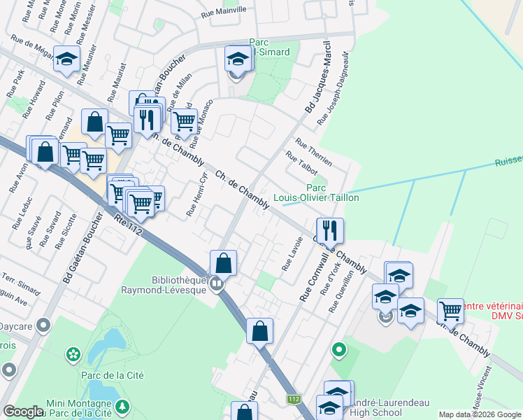map of restaurants, bars, coffee shops, grocery stores, and more near 7035 Chemin de Chambly in Longueuil