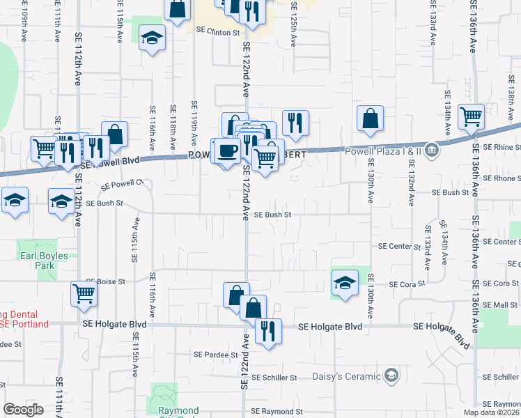 map of restaurants, bars, coffee shops, grocery stores, and more near 12231 Southeast Bush Street in Portland