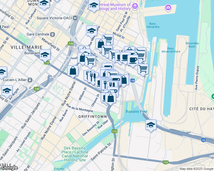 map of restaurants, bars, coffee shops, grocery stores, and more near 1000 Ottawa Street in Montreal