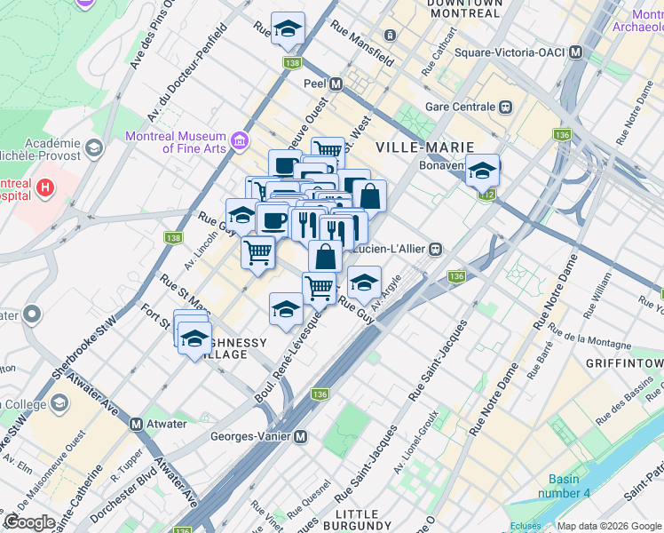 map of restaurants, bars, coffee shops, grocery stores, and more near 1160 Rue Mackay in Montréal