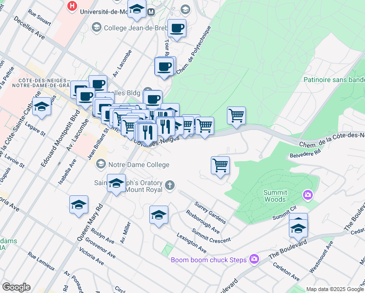 map of restaurants, bars, coffee shops, grocery stores, and more near 4866 Chemin de la Côte-des-Neiges in Montréal