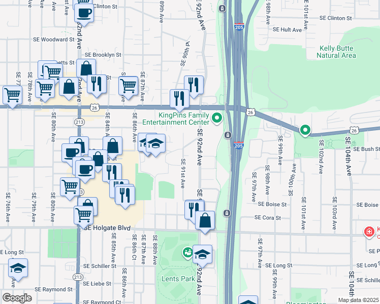 map of restaurants, bars, coffee shops, grocery stores, and more near 3736 Southeast 91st Avenue in Portland