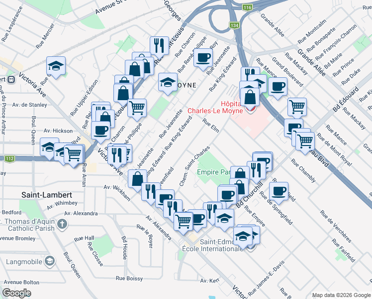 map of restaurants, bars, coffee shops, grocery stores, and more near Rue Greenfield in Longueuil
